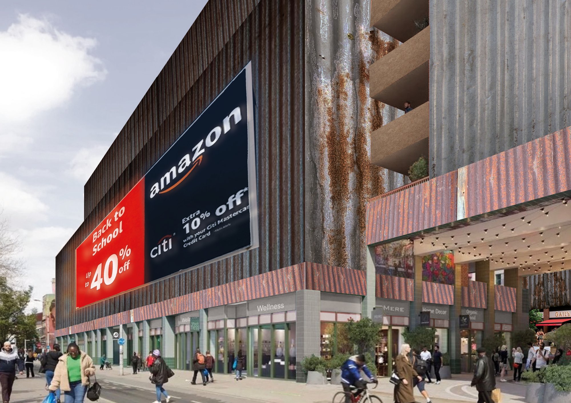 Aerial render of the speculative Aylesham Centre proposal, its facade tiled edge to edge with betting and advertising billboards, set against Peckham.