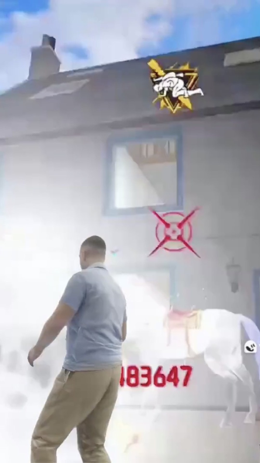 A man in a polo shirt and chinos walks toward a terraced house, seen through an augmented-reality overlay: a target reticle, a rising damage counter, a badge icon, and a translucent horse rearing beside the doorway.