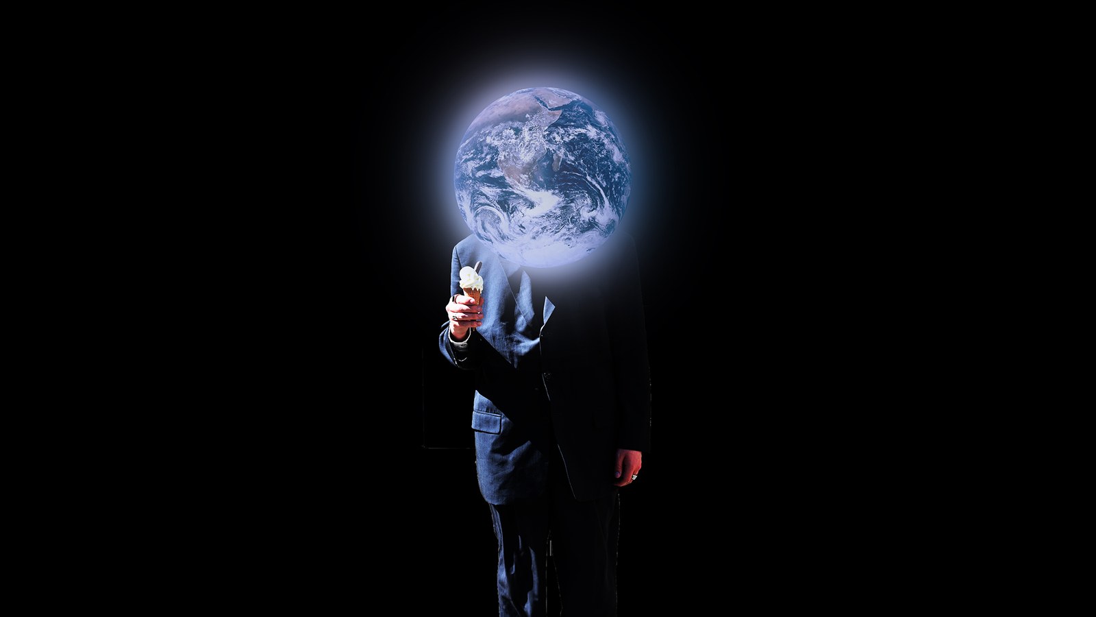 The Goon Guide: a figure in a dark suit with a glowing image of the Earth in place of a head, holding an ice cream cone against a black background.
