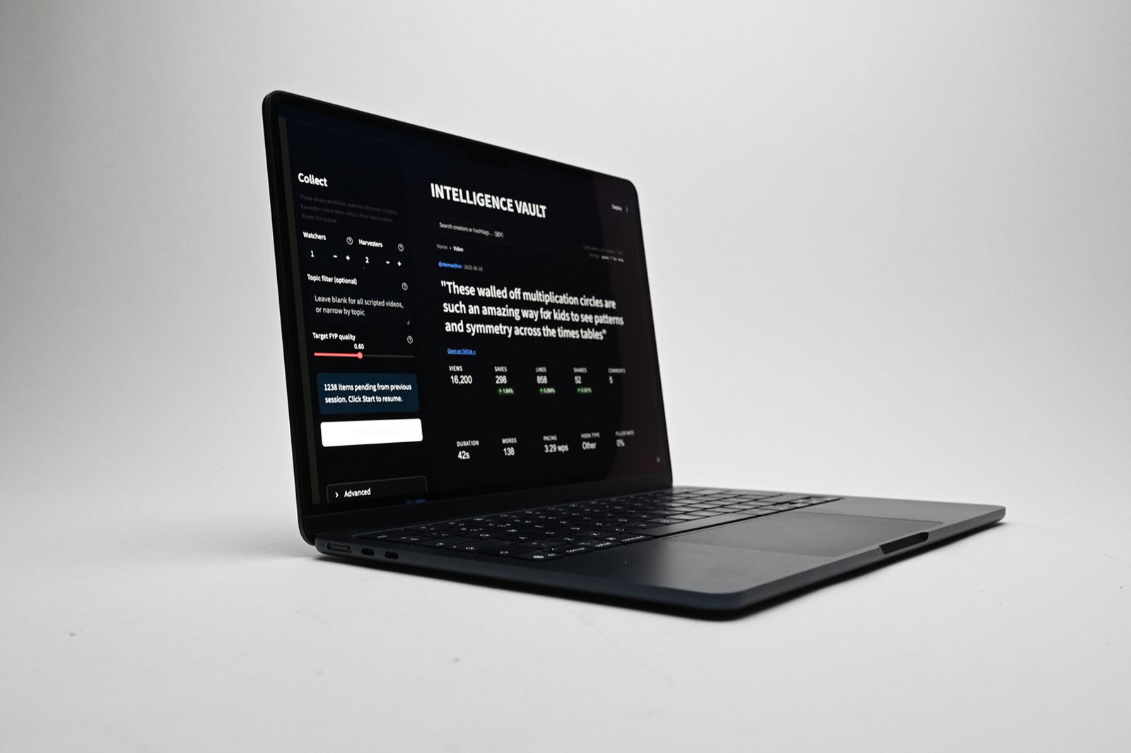 A laptop displaying the Intelligence Vault: a dark interface showing a scraped TikTok transcript alongside its view, save, like and share counts, and metrics for duration, word count and pacing.