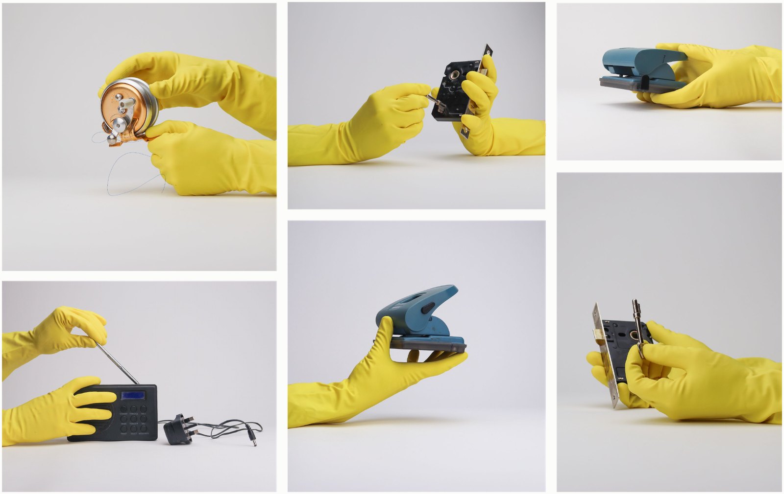 Six photographs in a staggered grid: hands in yellow rubber gloves taking apart a fishing reel, a mortice lock, a hole punch and a radio.