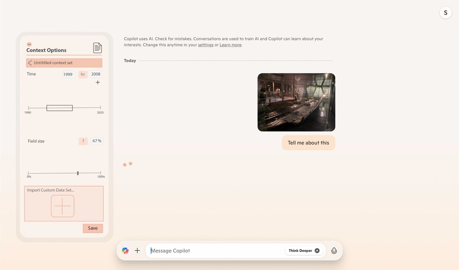 A mockup of a Copilot interface with a Context Options panel: a time range slider set to 1999 to 2008, a field size slider at 67 percent, and an option to import a custom dataset.