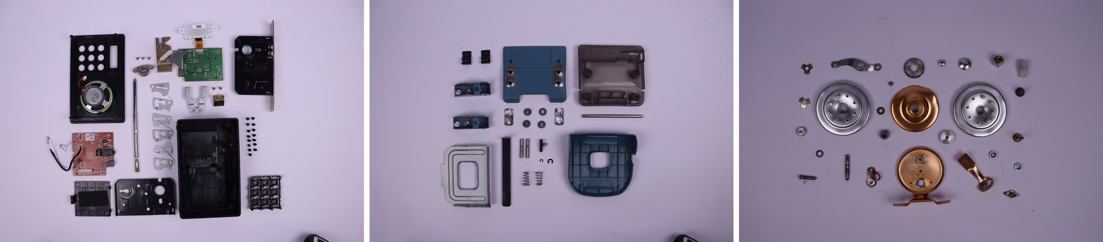 Three household objects fully disassembled and laid out in grids: a radio, a hole punch, and a fishing reel, every component separated and arranged by size.