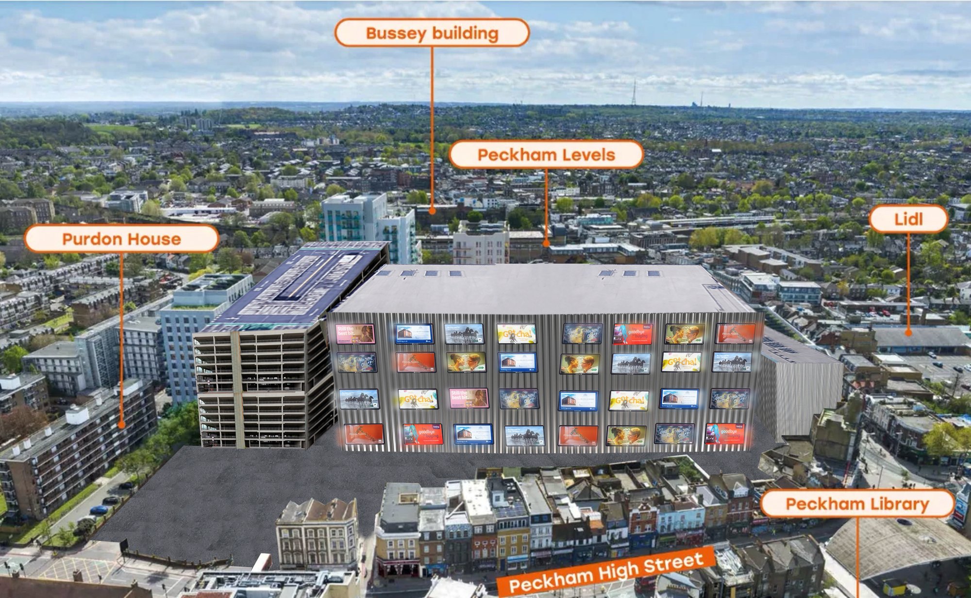 Side view of the proposed development looming over Peckham High Street.