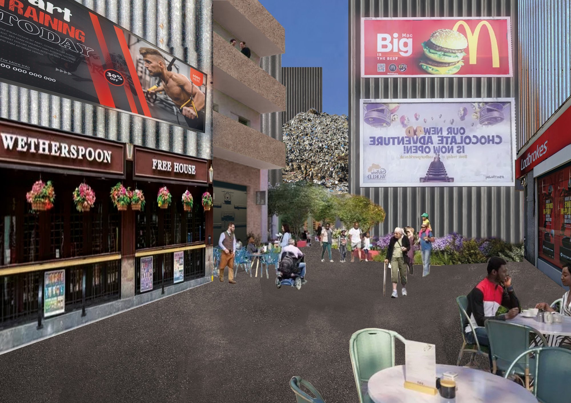 Street-level render: a Wetherspoon and Ladbrokes beneath corrugated walls plastered with McDonald's and gym ads, a refuse heap rising behind.